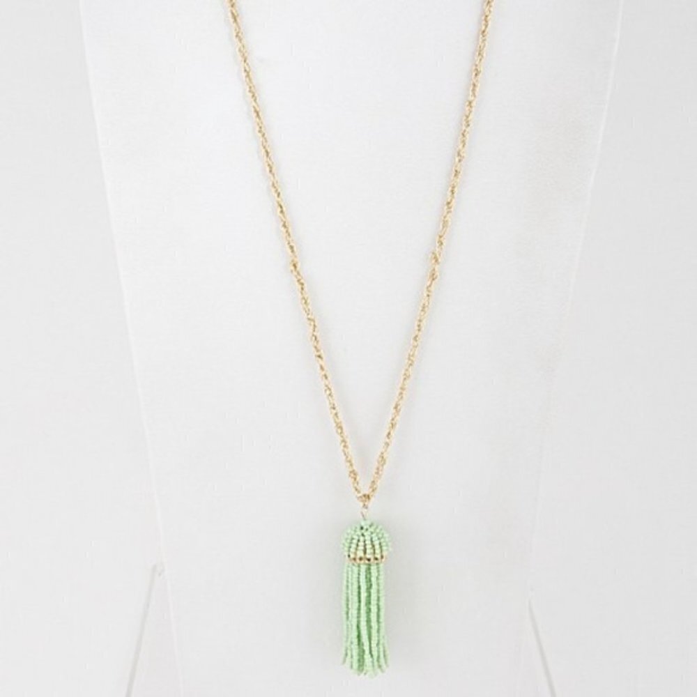 Mint Green Beaded Tassel Necklace Gold Rolo Chain